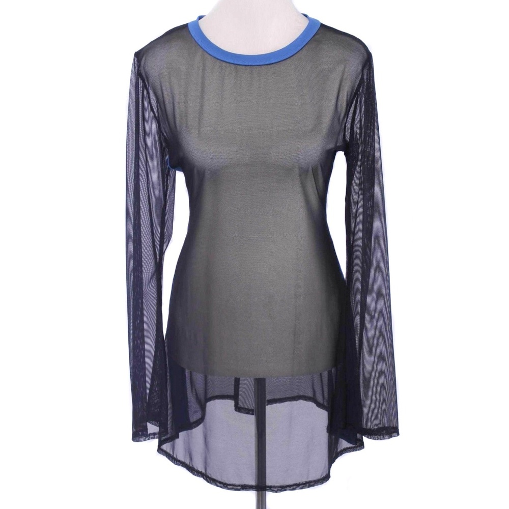 ANNE COLE Black Mesh Blue Panel Sheer Swim Coverup Tunic Top Long Sleeve